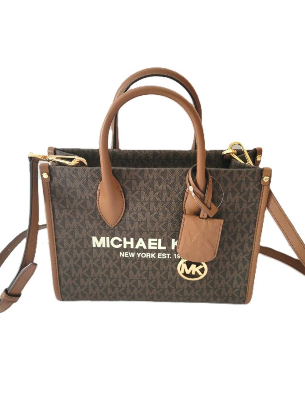 Michael Kors Mirella Small Shopper Top Zip Crossbody Handbag Brown MK Logo